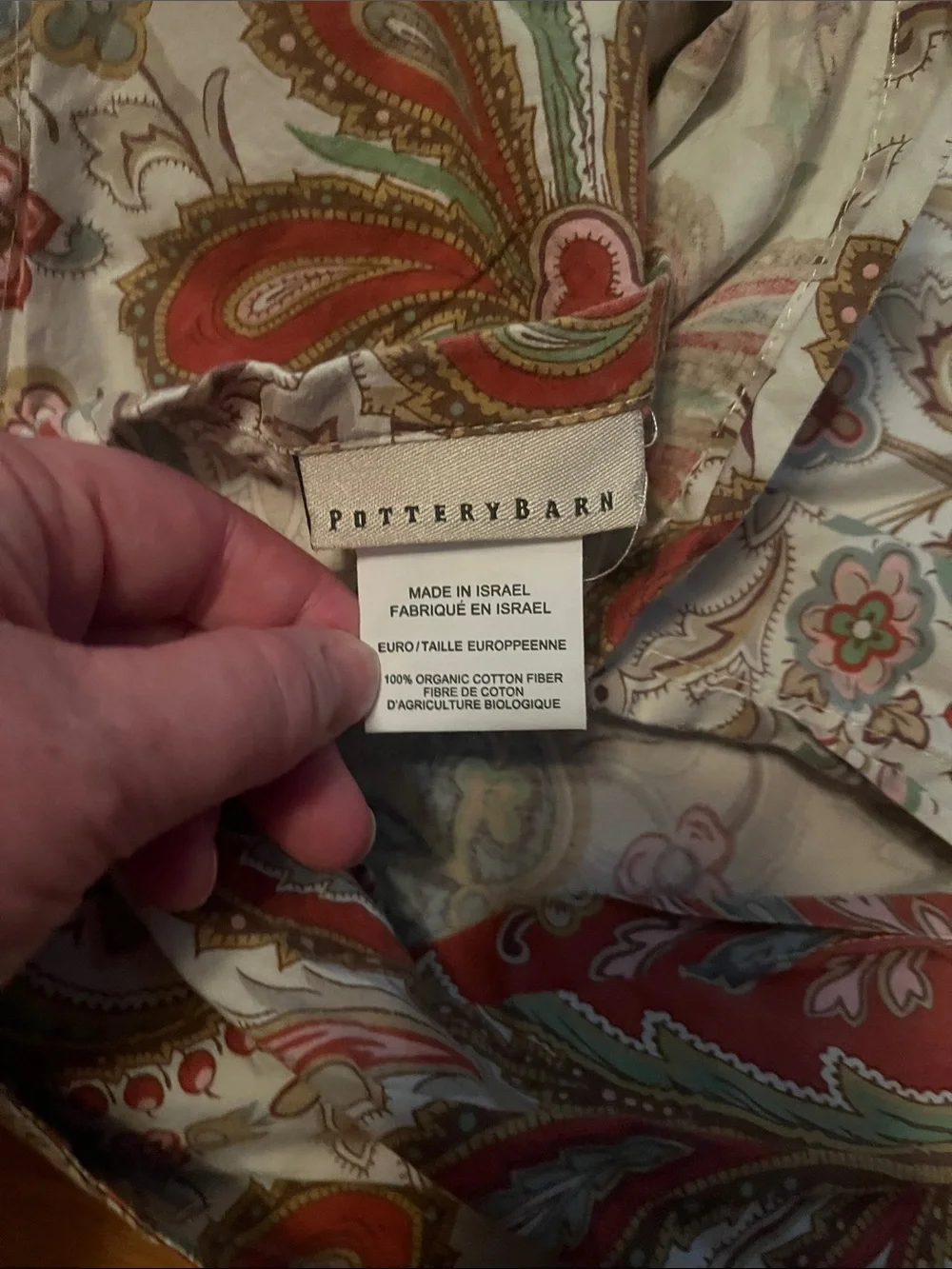 Pottery Barn Paisley Accent eurosham 26” square Fabric in Cream, Red, and Green